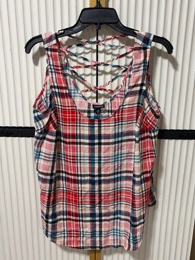 torrid Red Plaid Lattice-Back Tank Top with Blue Accents